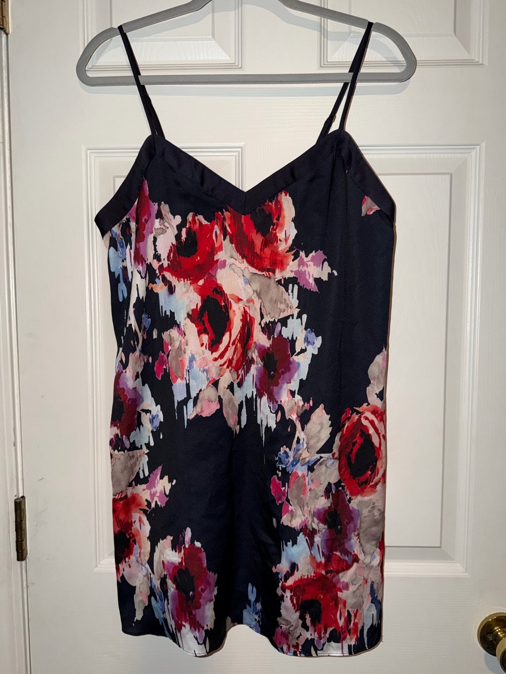 Kate Spade‎ New York Hazy Floral Satin Chemise with Navy Blue Trim